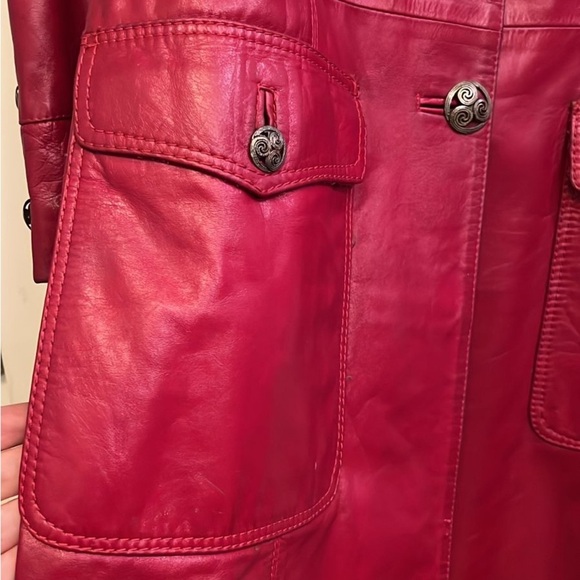 VINTAGE Y2K Women's Red genuine Leather Trench Coat mid length size M - Picture 3 of 11